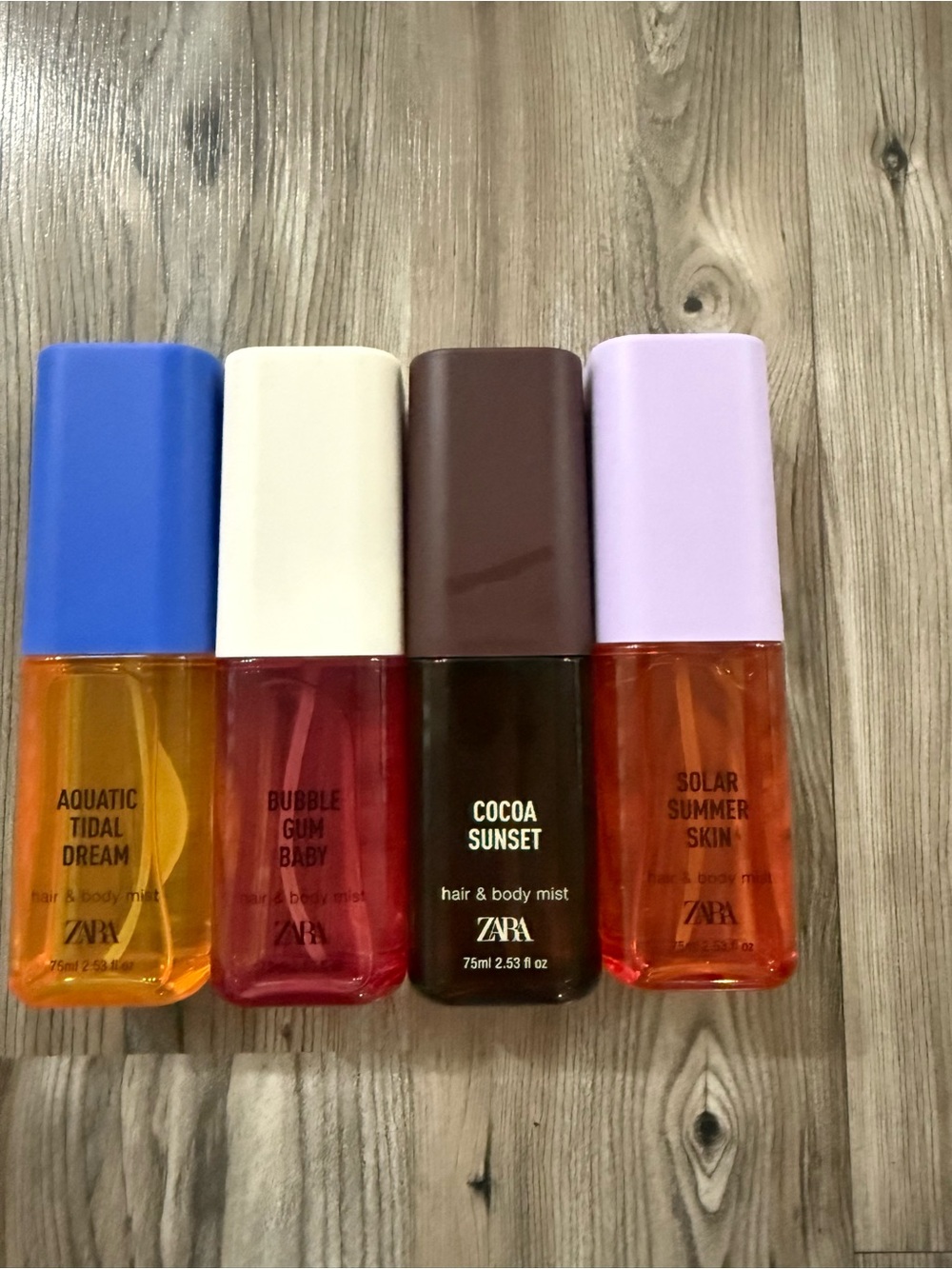Zara Hair & Body Mist Set – Blue, Cream, Brown, Lavender Caps